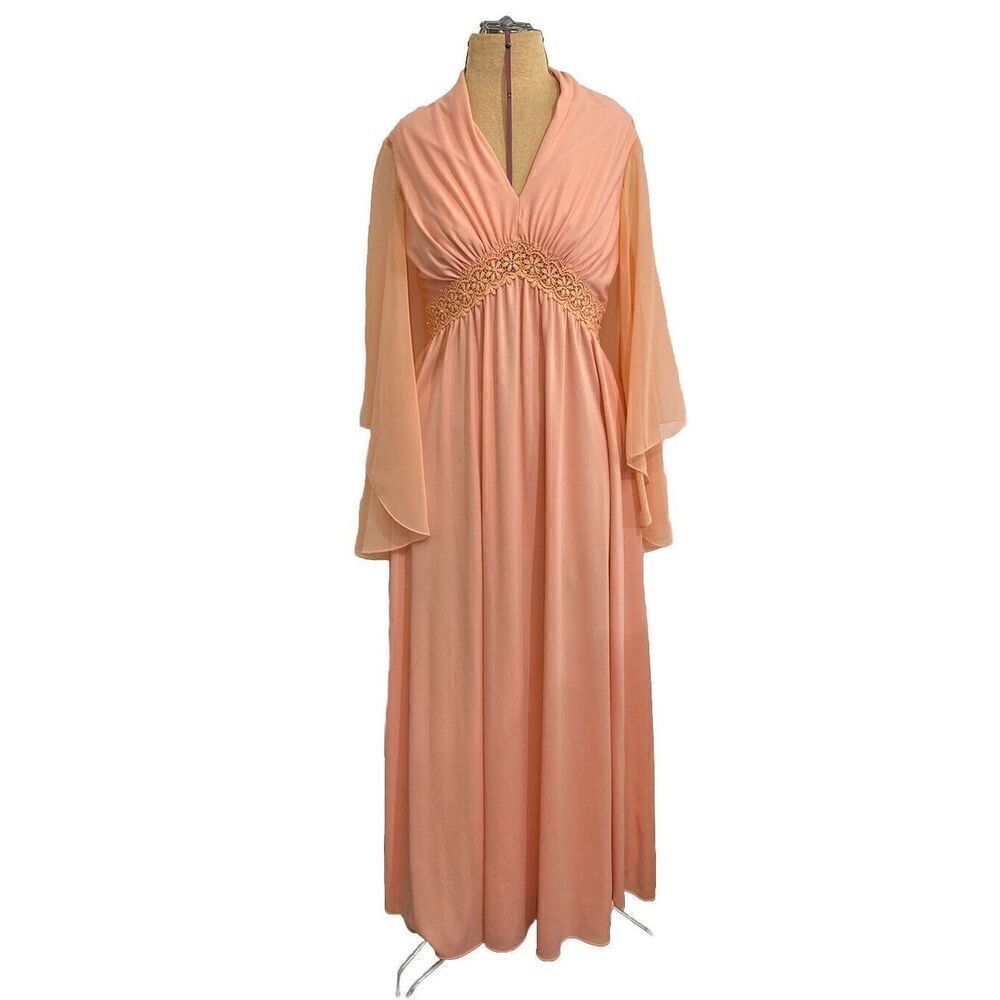 Vintage 60s Peach Pink Chiffon Sateen Sleeves Pearl Rhinestone Trim Ball Gown 12